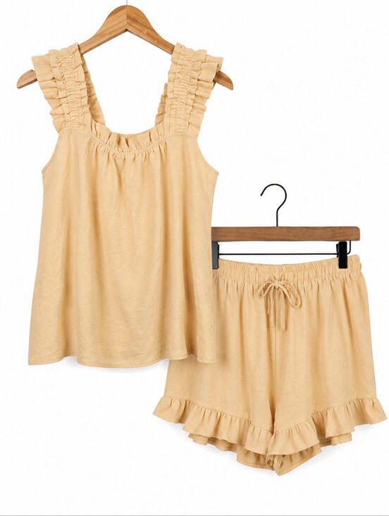 Other - 🌼 Cream Ruffle Pajama Set Tank Top & Shorts Women’s Medium Cottagecore